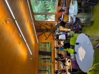 Workshop participants in conversation around tables in a bright, wood-panelled room looking out onto trees.